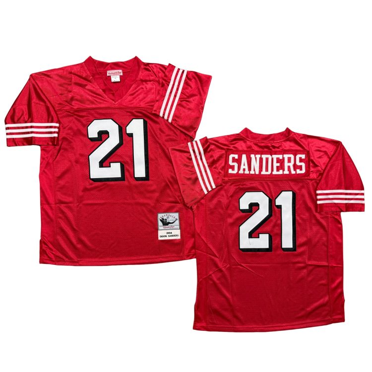 Men’s San Francisco 49ers #21 SANDERS Throwbacks Red Jersey All Stitched