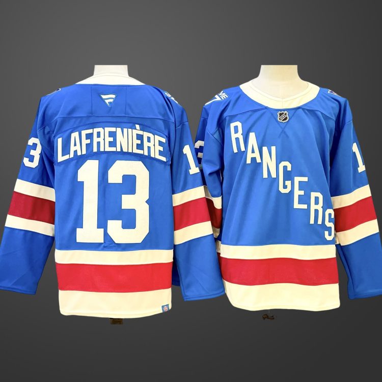 Men's New York Rangers #13 Alexis Lafreniere Blue Centennial Stitched Hockey Jersey
