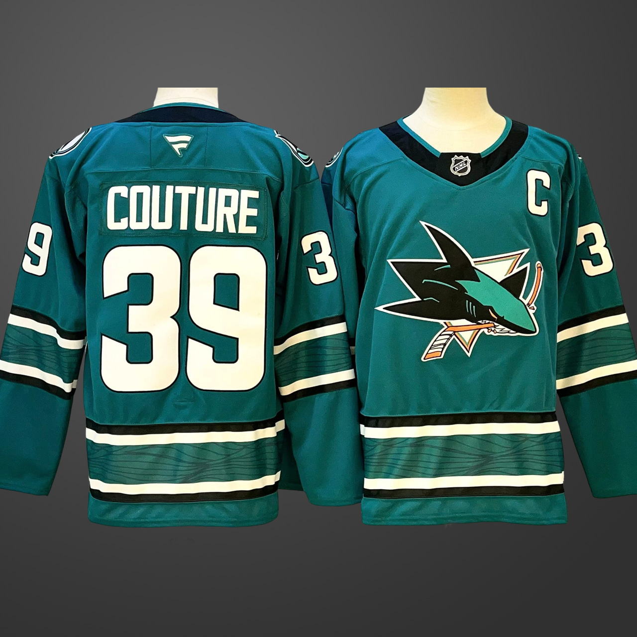 Men’s San Jose Sharks #39 Logan Couture Black 2024-25 With C Patch Home Stitched Jersey