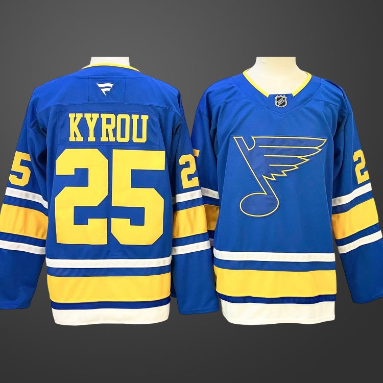 Men's St. Louis Blues #25 Jordan Kyrou Blue 2025 Stitched Hockey Jersey