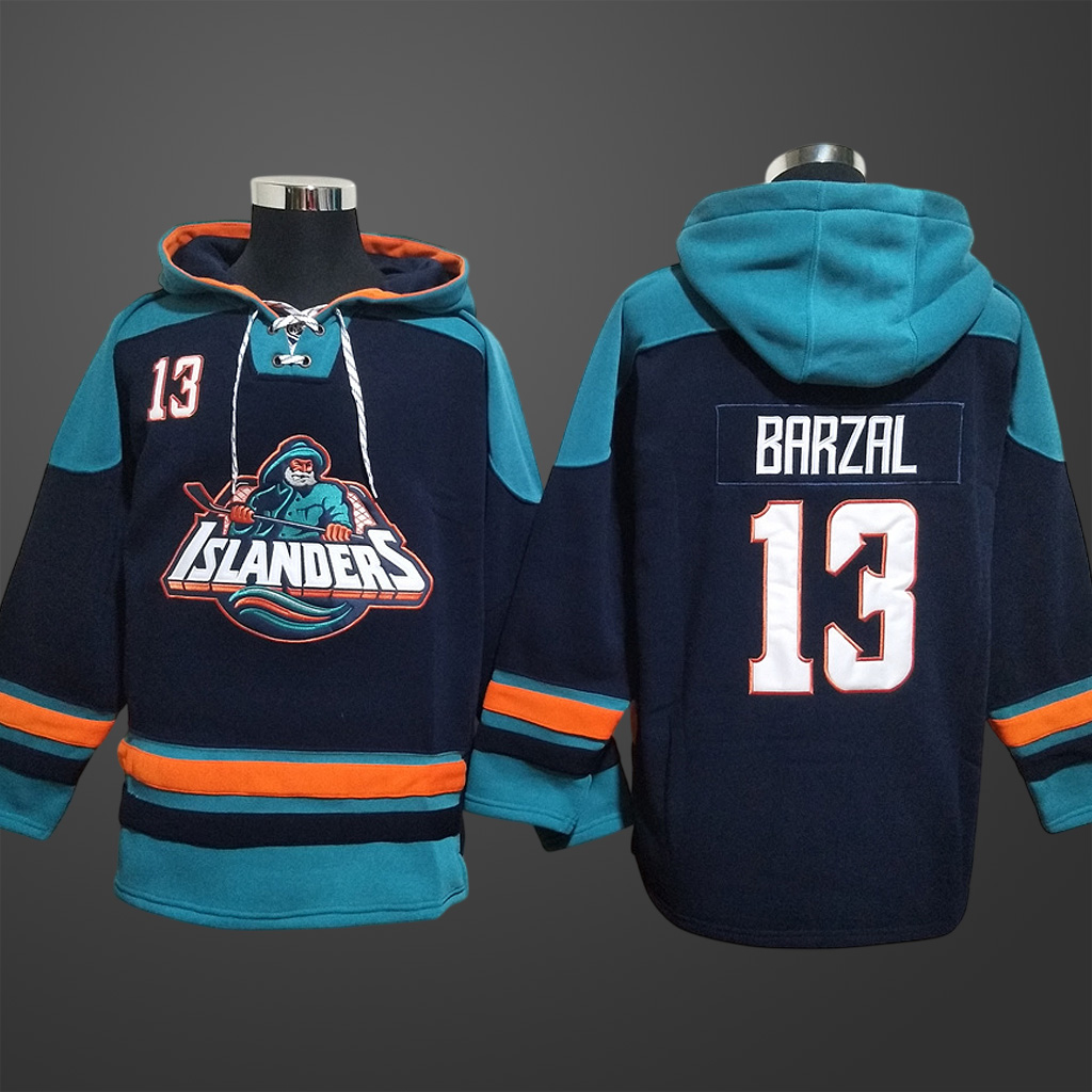 Men’s New York Islanders Navy #13 Mathew Barzal Stitched Hoodie