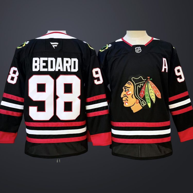 Men’s Chicago Blackhawks #98 Connor Bedard Black All Stitched Hockey Jersey
