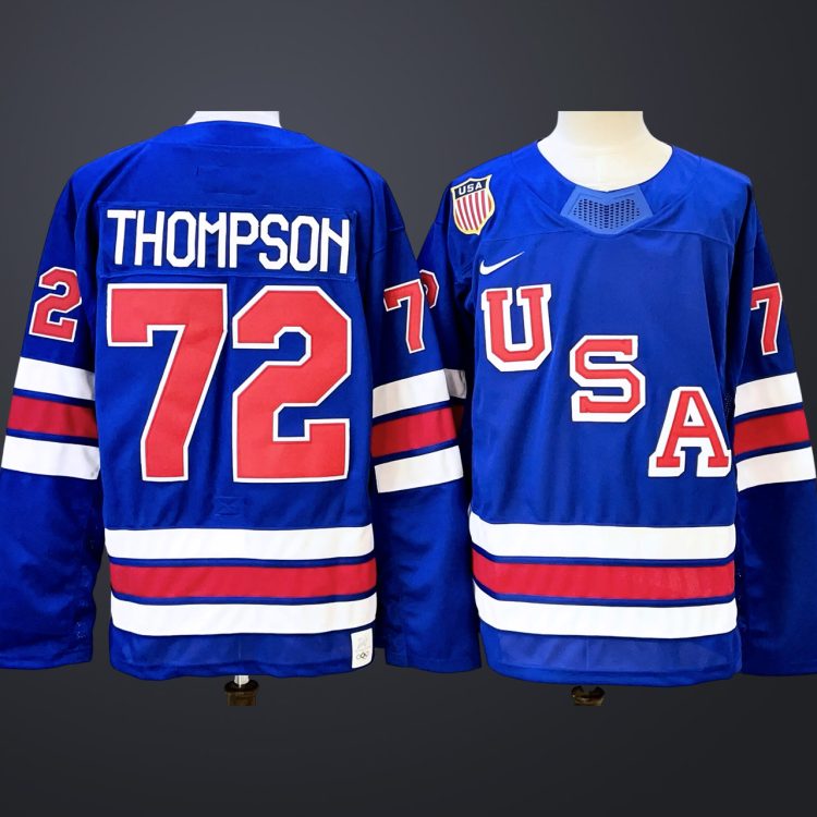 Men's #72 THOMPSON Team USA 2026 Olympic Navy Stitched Jersey