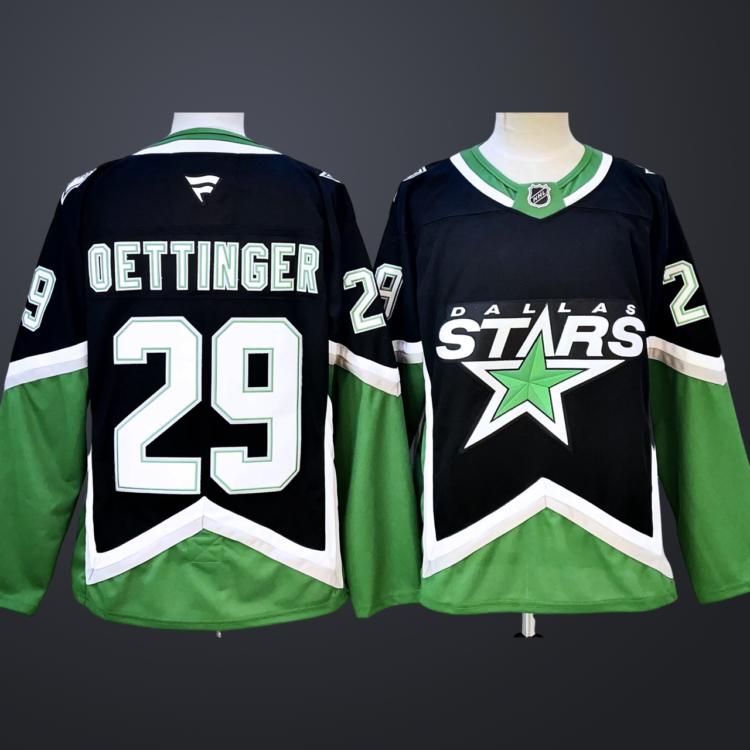 Men's Dallas Stars #29 Jake Oettinger Black 202526 Alternate Stitched Hockey Jersey