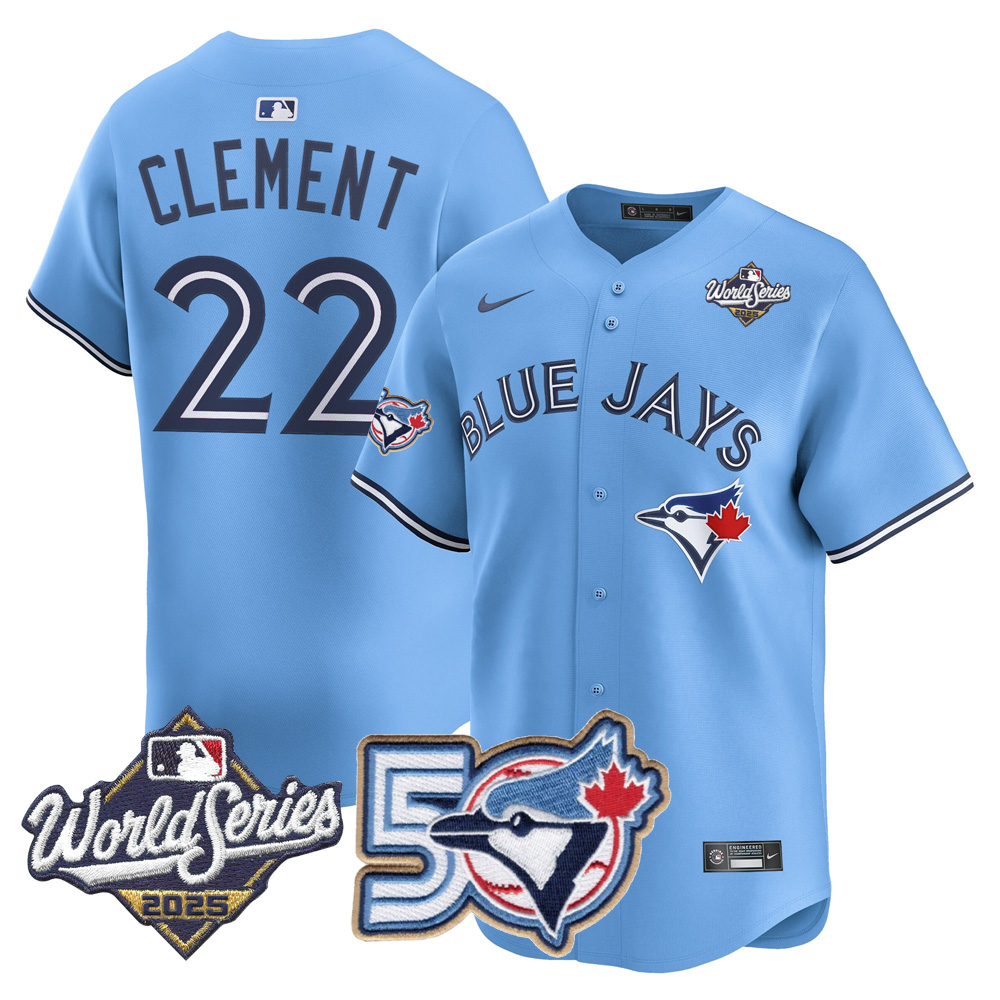 Blue Jays 50th Patch 2025 World Series Powder Blue #22 Clement Stitched Jersey