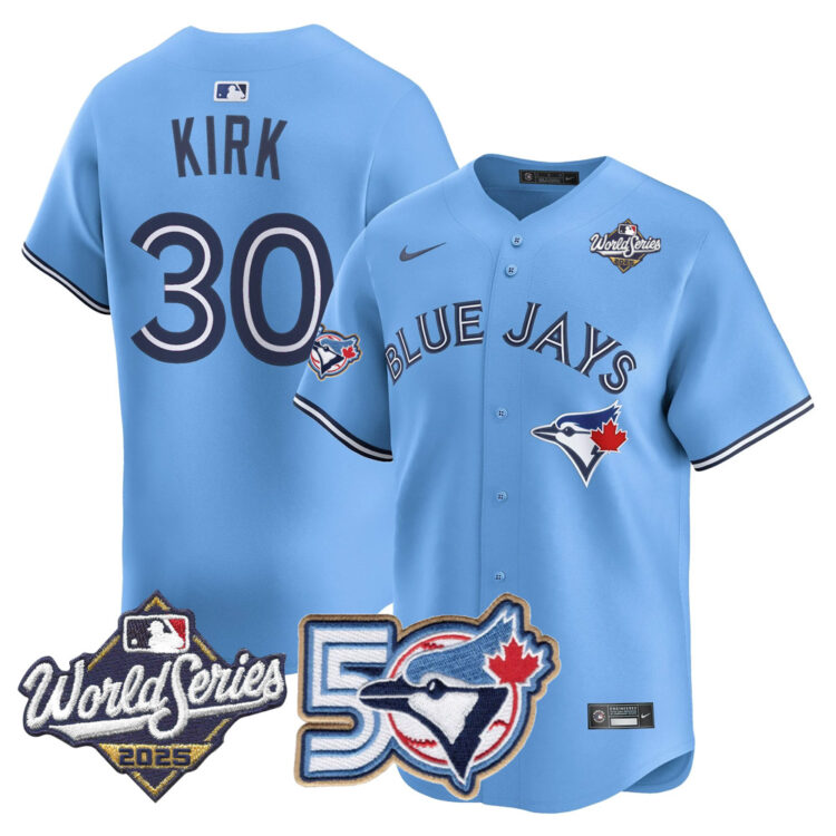 Blue Jays 50th Patch 2025 World Series Powder Blue #30 Kirk Stitched Jersey