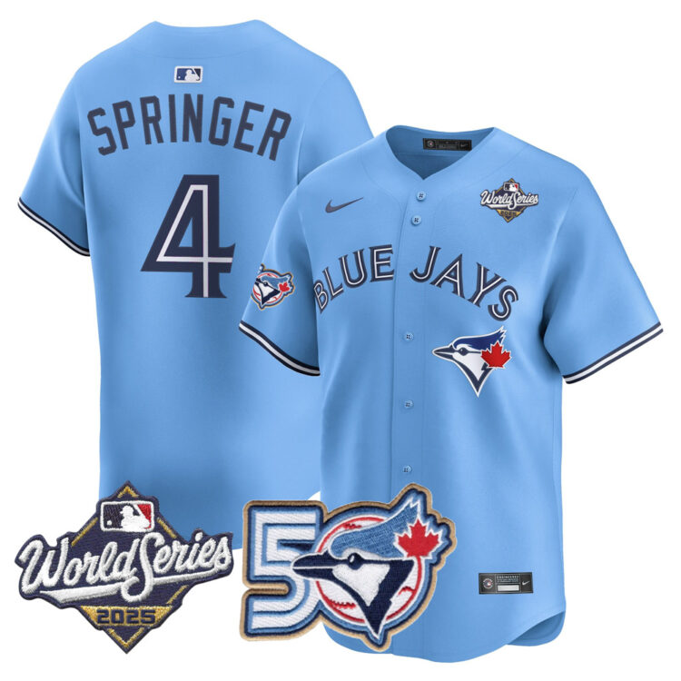 Blue Jays 50th Patch 2025 World Series Powder Blue #4 Springer Stitched Jersey