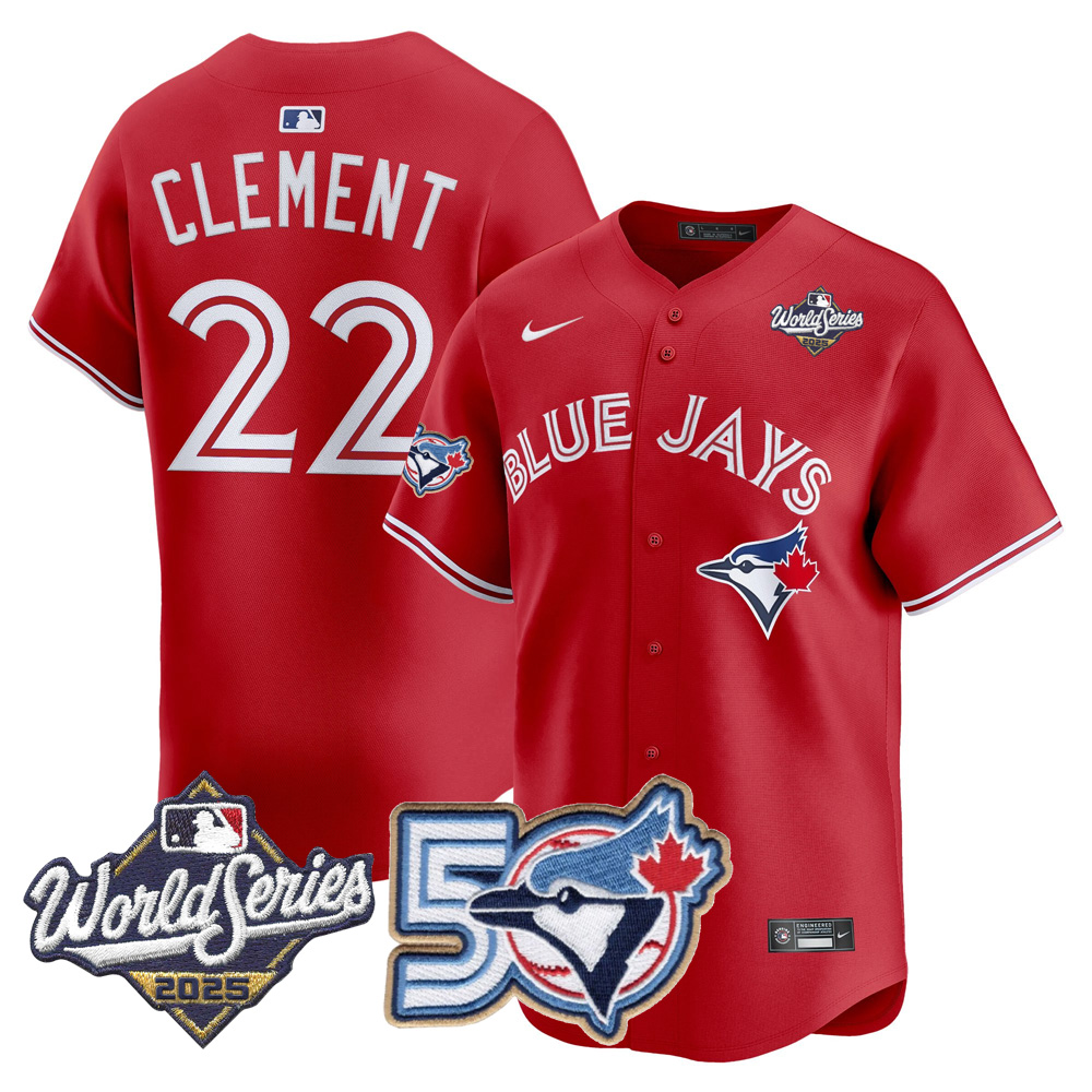 Blue Jays 50th Patch 2025 World Series Red #22 Clement Stitched Jersey