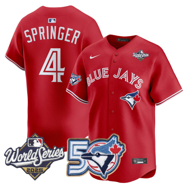Blue Jays 50th Patch 2025 World Series Red #4 Springer Stitched Jersey