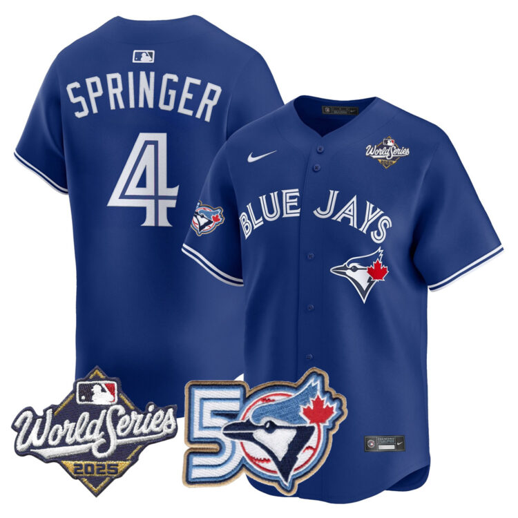 Blue Jays 50th Patch 2025 World Series Royal #4 Springer Stitched Jersey