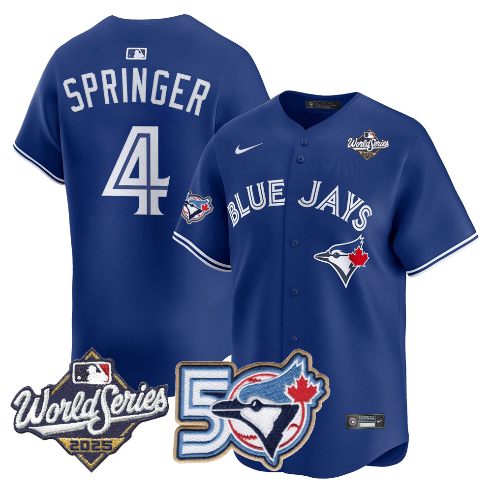 Blue Jays 50th Patch 2025 World Series Royal #4 Springer Stitched Jersey