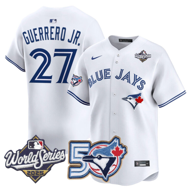 Blue Jays 50th Patch 2025 World Series White #27 Guerrero JR. Stitched Jersey
