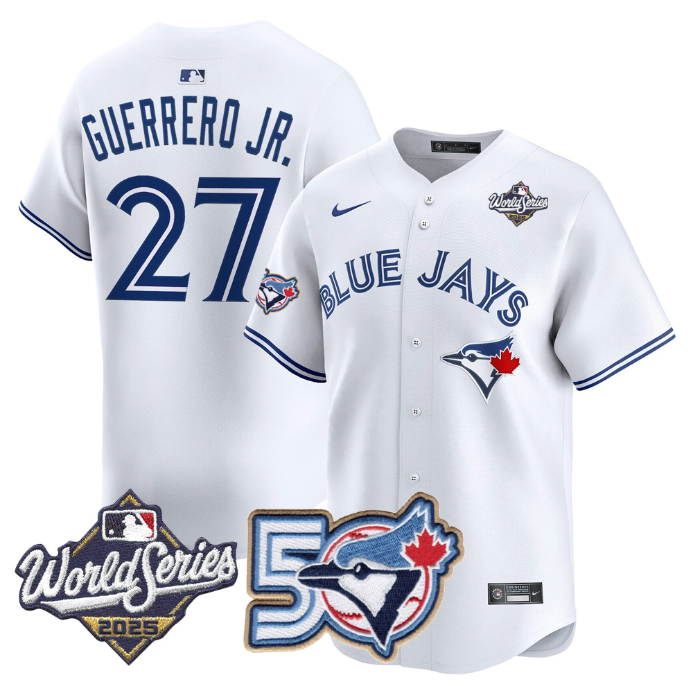Blue Jays 50th Patch 2025 World Series White #27 Guerrero JR. Stitched Jersey
