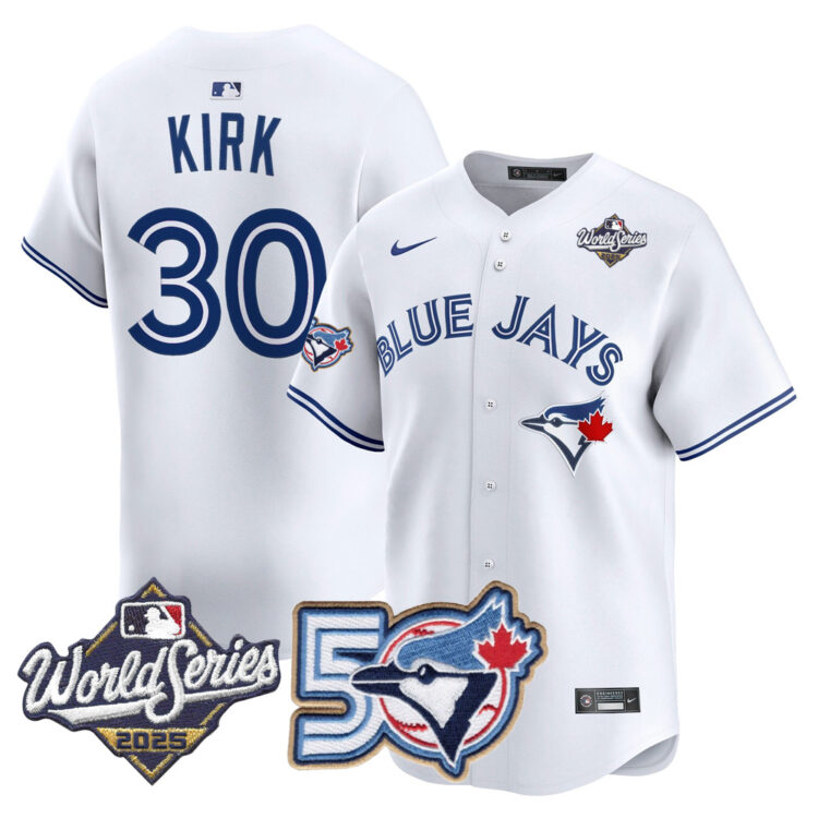 Blue Jays 50th Patch 2025 World Series White #30 Kirk Stitched Jersey