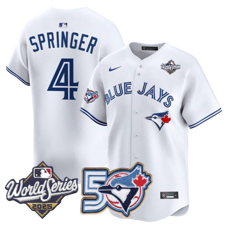 Blue Jays 50th Patch 2025 World Series White #4 Springer Stitched Jersey